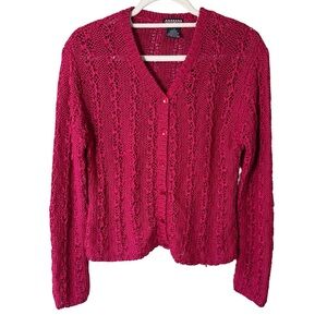 mac & jac Y2K Fuchsia Crochet Open Knit Cardigan Size L Lightweight Airy